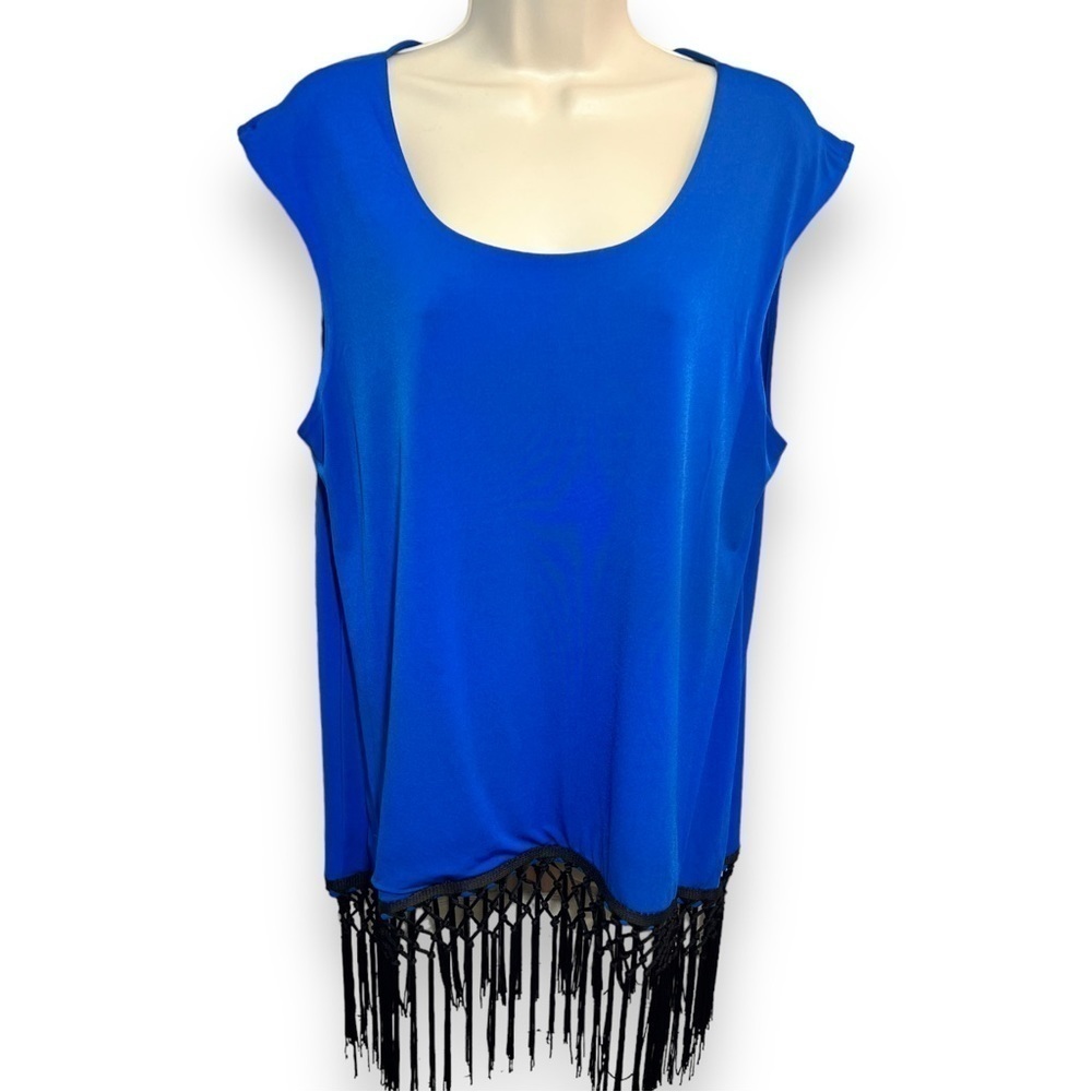 Grace Elements Sleeveless Blouse with Fringe Trim Cobalt Size XL